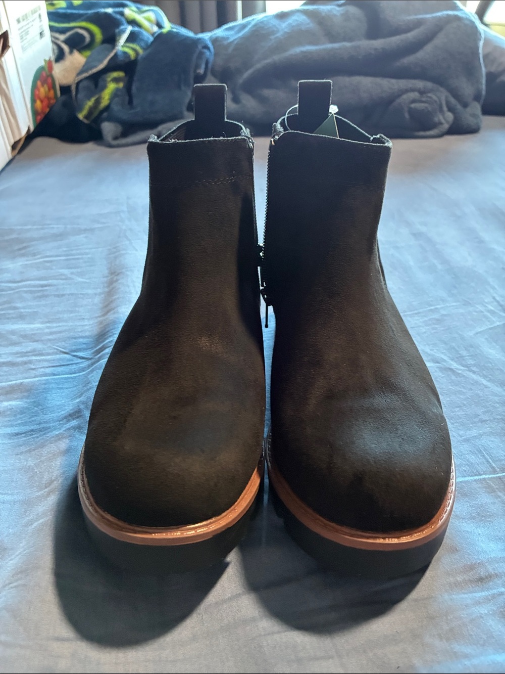 Women's Black Suede Ankle Booties with Brown Welt